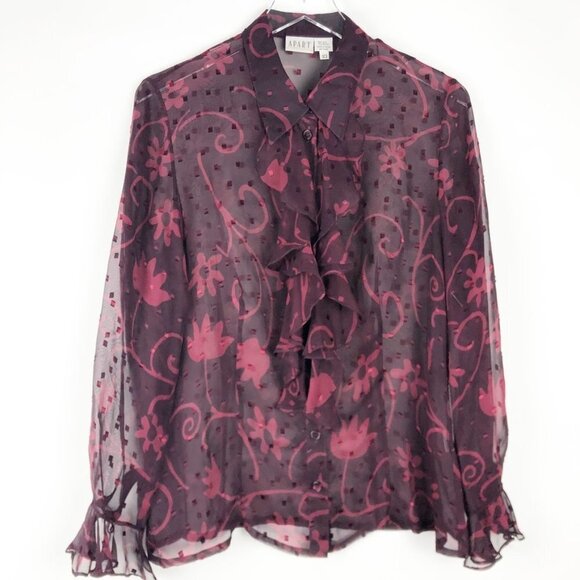 Vintage Apart Impressions Blouse Womens 10 Wine Ruffled Floral Print Sheer Silk - Picture 1 of 10